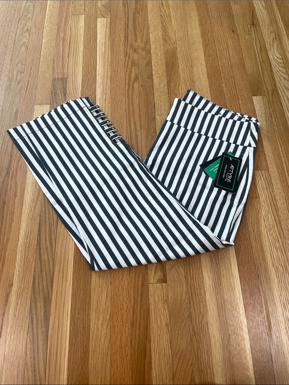 Navy & White Striped Capri Pants with Rhinestone detail and Elastic Waistband